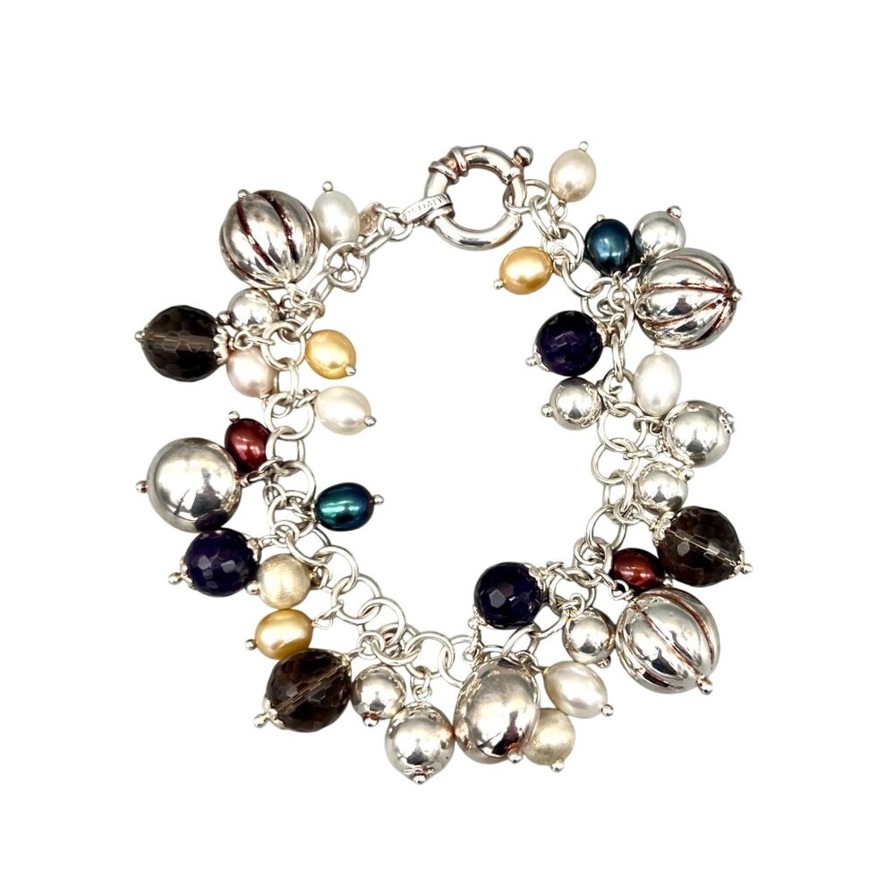 Milor Italy Sterling Silver Bracelet Smoky Quartz Amethyst Pearls 925 8"L